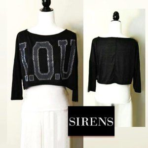 SIRENS Black Crop Tee Top w/ Grey IOU Letters Round Neck Drop Shoulder Sleeved